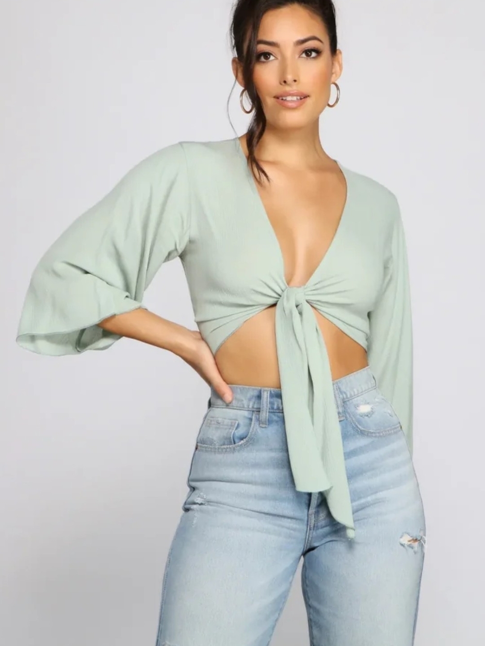 Windsor Sage Tie-Front Crop Top